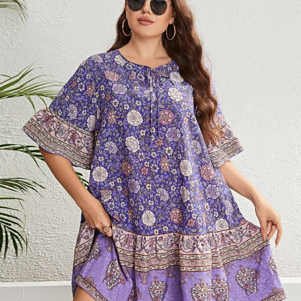 White Label Women's Purple Plus Size Floral Tie Neck Flounce Sleeve Mini Dress - Picture 6 of 6